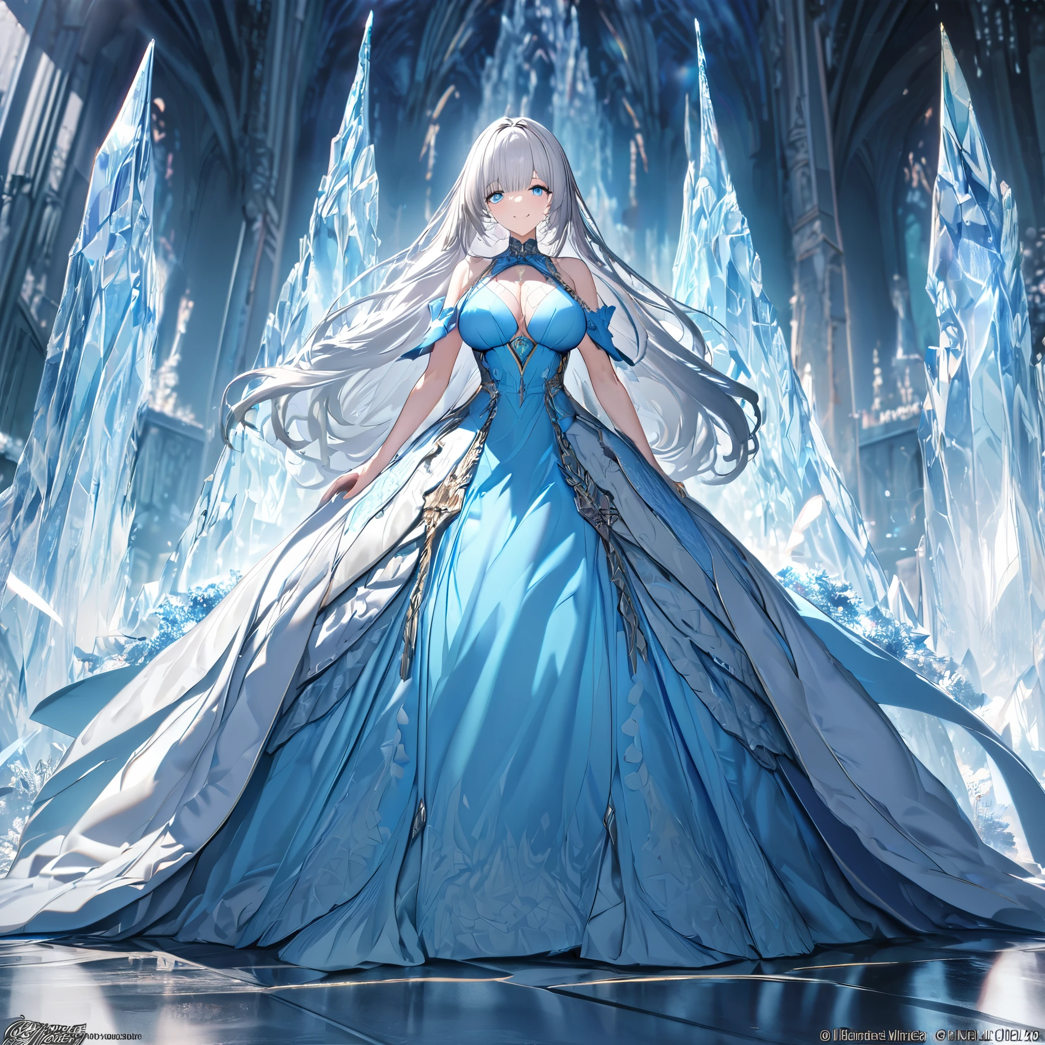 A woman in an ice blue dress, white hair, long hair, bangs in the eye, smiling, big boobs ice blue heels, ice blue eyes, walking on the floor of a large castle, large luxury castle..UHD , work- prime, precise, anatomically correct, textured skin, super details, high quality, best quality, 8k, high resolution, bokeh effect. (woman alone)