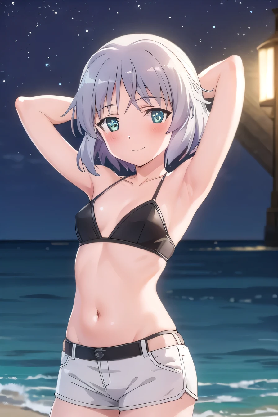 solo, 1girl, looking at viewer, 2D, anime, anime coloring, high quality, solo, night sky, beach, arms behind head, contrapposto, closed mouth, spread armpits, (cowboy shot:1.5), looking at viewer, smile, best quality, sanya v. litvyak, black bikini, white shorts, smile, blushing, shy
