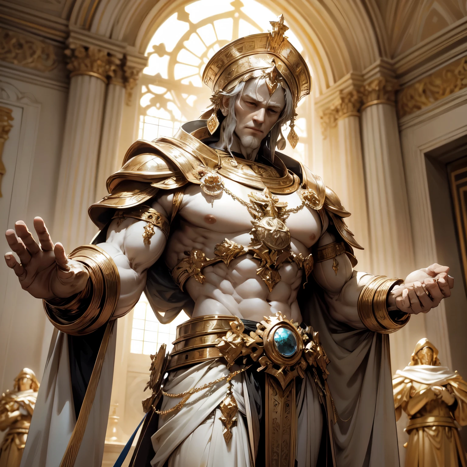 Create an 8K Ultra HD Digital Image of a Noble Giant Sacred Marble Golem, adornado com trajes reais de ouro e prata, in the castle's magic arts hall. O Golem tem olhos brilhantes que emitem uma luz dourada. He is adorned with magical jewels that glow softly, and wears a golden crown with precious stones set on his marble head. Gold bracelets adorn her sturdy arms, and a magical amulet is embedded in his chest. In the hall of magical arts, o Golem empunha a Espada de Zeus. The sword is made of celestial gold and emits golden rays, with divine inscriptions along the blade that shine brightly. The hilt of the sword is adorned with small rays and lightning., simbolizando seu poder supremo. Ele segura a espada em uma pose de poder, ready to protect the hall's magical secrets, while electric sparks dance around you. The Sword of Zeus is known for its ability to control thunder and lightning, e uma aura de poder divino emana dela. The magic arts hall is mysterious and enchanting, com prateleiras cheias de livros antigos, potion bottles and magical artifacts. Pentagrams and arcane symbols are engraved on the walls and floor. Large golden candles and candelabra illuminate the hall with a soft, magical light. The image should capture the mystique and depth of the hall of magic arts, highlighting the interaction of the Golem with the Sword of Zeus.