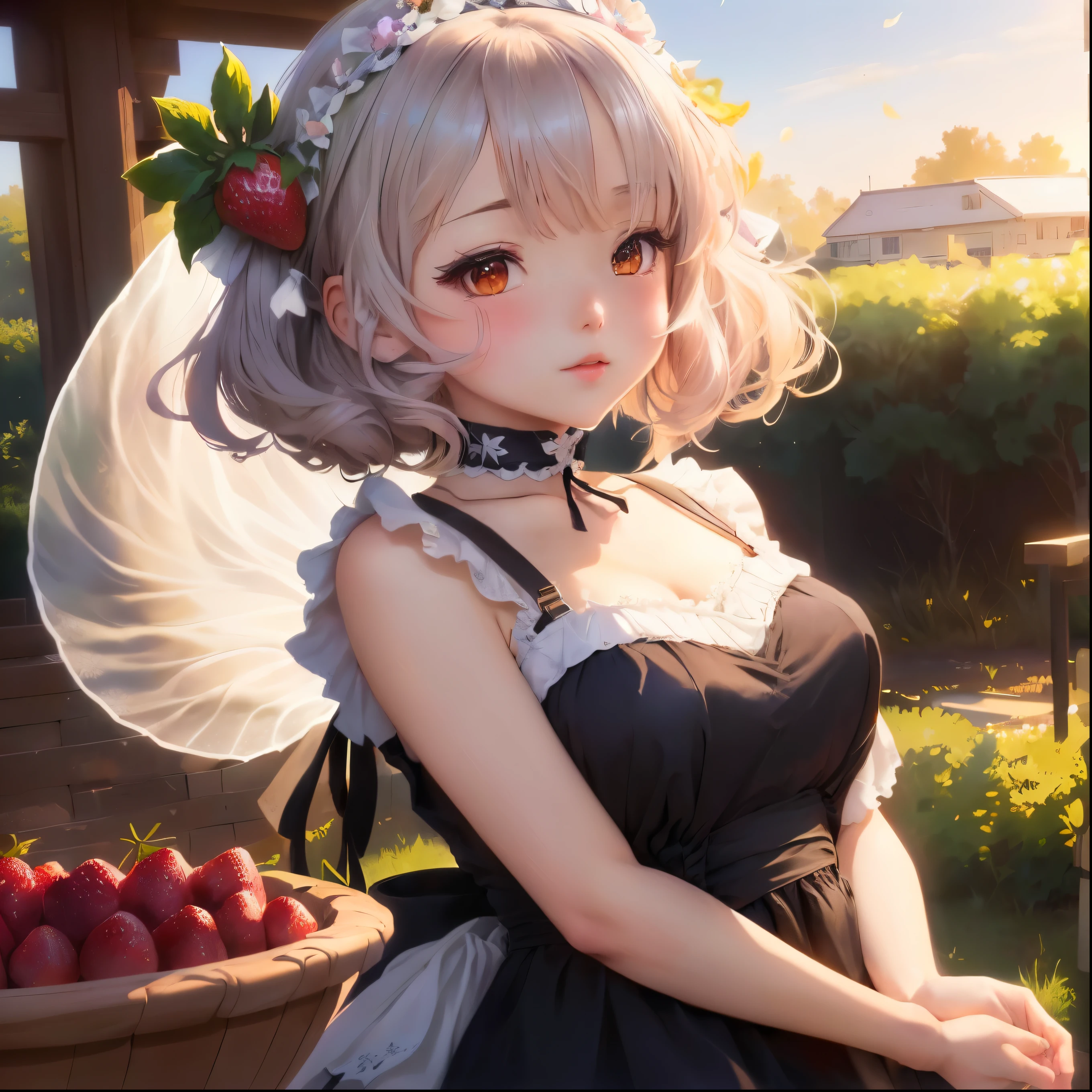 Anime girl with flowers in hair and dress, Cute girl anime visuals, Cute anime waifu in a nice dress, Lori, Beautiful Anime Girls, Anime girl in maid outfit, Attractive anime girl, Cute Anime Girl, Cute Anime Girl, Beautiful anime portraits, Gweiz-style artwork, Splash Art Anime Loli、Bob、Real、CG、4K、8K、The hand position is real、The left hand is holding a strawberry and lifting it slightly.。
