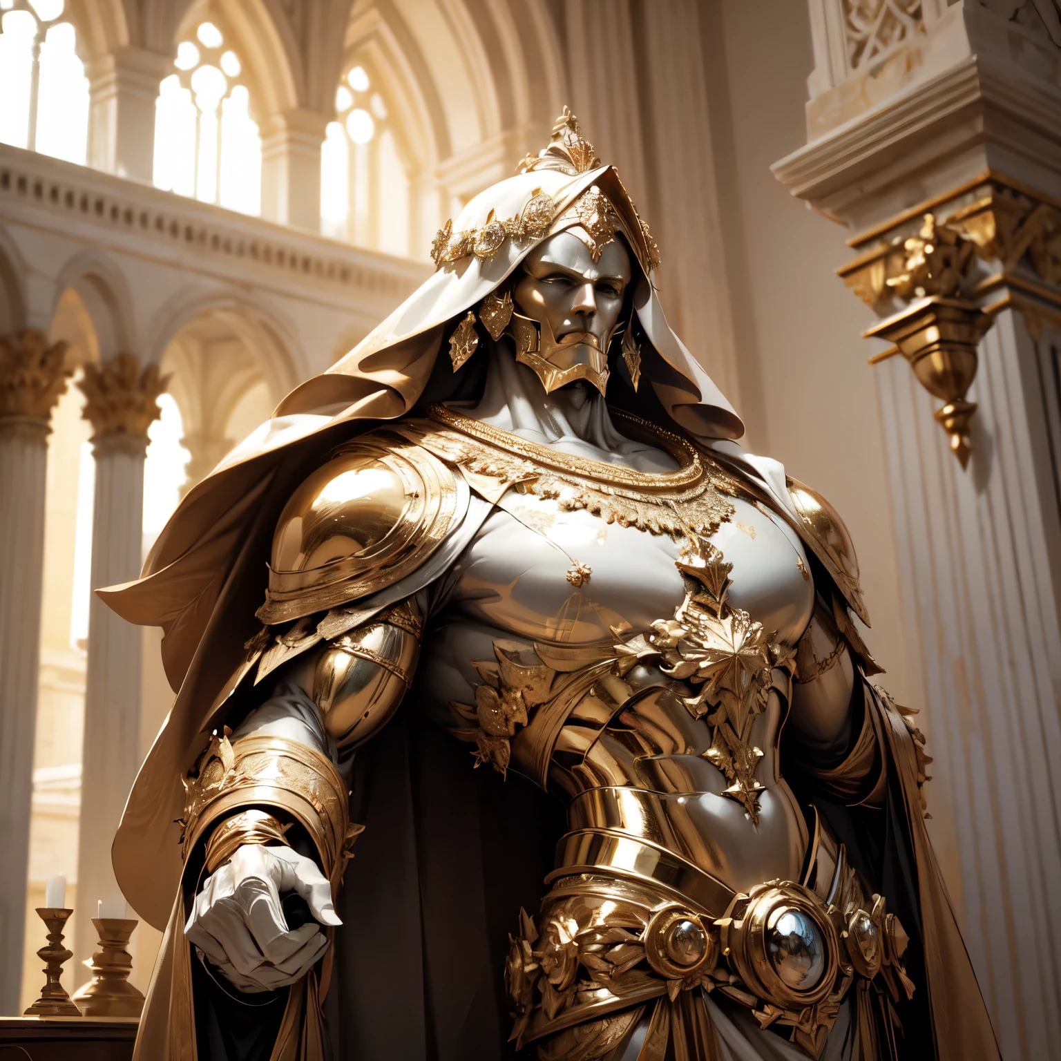 Create an 8K Ultra HD Digital Image of a Noble Giant Sacred Marble Golem, adornado com trajes reais de ouro e prata, in the castle's magic arts hall. O Golem tem olhos brilhantes que emitem uma luz dourada. He is adorned with magical jewels that glow softly, and wears a golden crown with precious stones set on his marble head. Gold bracelets adorn her sturdy arms, and a magical amulet is embedded in his chest. In the hall of magical arts, o Golem empunha a Espada de Zeus. The sword is made of celestial gold and emits golden rays, with divine inscriptions along the blade that shine brightly. The hilt of the sword is adorned with small rays and lightning., simbolizando seu poder supremo. Ele segura a espada em uma pose de poder, ready to protect the hall's magical secrets, while electric sparks dance around you. The Sword of Zeus is known for its ability to control thunder and lightning, e uma aura de poder divino emana dela. The magic arts hall is mysterious and enchanting, com prateleiras cheias de livros antigos, potion bottles and magical artifacts. Pentagrams and arcane symbols are engraved on the walls and floor. Large golden candles and candelabra illuminate the hall with a soft, magical light. The image should capture the mystique and depth of the hall of magic arts, highlighting the interaction of the Golem with the Sword of Zeus.