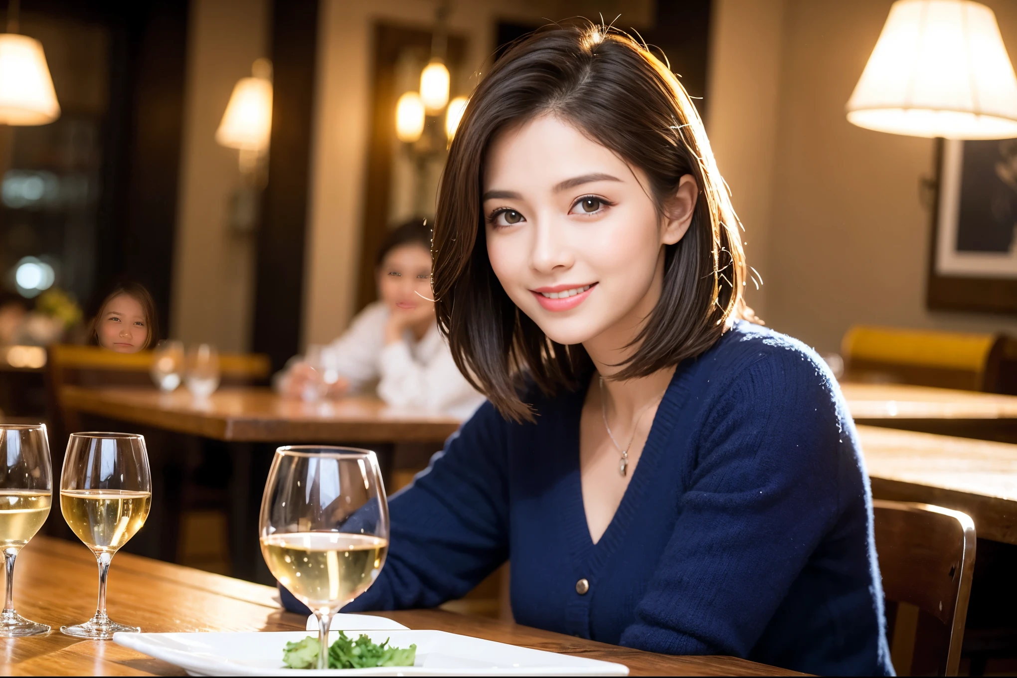 ((highest quality、8k、masterpiece:1.3))、1 male、1 female、spouse、I really like it、Beautiful couple、The body is slim、テーブルの上のwine glass、Facial Lighting、full-course dinner、 Amazing view of the sunset sky and clouds、A bright smile、The wonderfulness of smile、Bright image、Beautiful Face, short hair,Bright Face、 (43 years old), 39 years old, red wine 、Appetizers、Italian food、Wine bottle、Champagne、sparkling wine、Two beauties、Brown Hair、Shortcuts、Long sleeve shirt、dress、Pretty Woman 1, (slimな顔), (The body is slim), (Brown Hair), (Shortcuts), cheeks turn a little red,Attractive beauty、restaurant, In a prominent place (From the waist up) Nova Frog Style, actress, model, Upper Body, White wine, slim, wine glass, 中央に置かれたwine glass, smile, (smile: 1.15), Beautiful fine grain, Depth f/2,saturation, High Contrast, Strong light and shadow,Moist Body:1.5、3D texture、Delicate eyes、Brown Hair、The hair is very shiny、