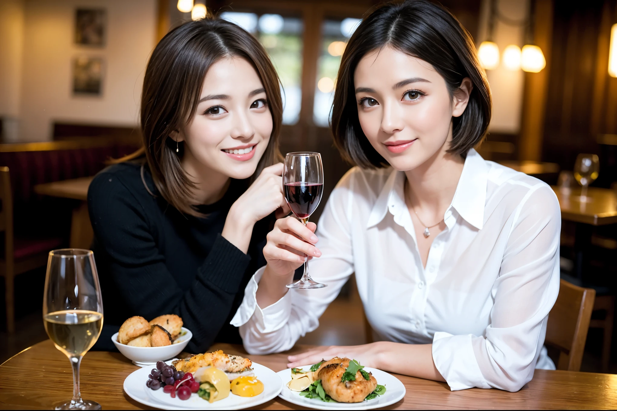 ((highest quality、8k、masterpiece:1.3))、1 male、1 female、spouse、I really like it、Beautiful couple、The body is slim、テーブルの上のwine glass、Facial Lighting、full-course dinner、 Amazing view of the sunset sky and clouds、A bright smile、The wonderfulness of smile、Bright image、Beautiful Face, short hair,Bright Face、 (43 years old), 39 years old, red wine 、Appetizers、Italian food、Wine bottle、Champagne、sparkling wine、Two beauties、Brown Hair、Shortcuts、Long sleeve shirt、dress、Pretty Woman 1, (slimな顔), (The body is slim), (Brown Hair), (Shortcuts), cheeks turn a little red,Attractive beauty、restaurant, In a prominent place (From the waist up) Nova Frog Style, actress, model, Upper Body, White wine, slim, wine glass, 中央に置かれたwine glass, smile, (smile: 1.15), Beautiful fine grain, Depth f/2,saturation, High Contrast, Strong light and shadow,Moist Body:1.5、3D texture、Delicate eyes、Brown Hair、The hair is very shiny、