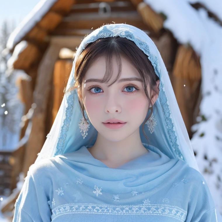 Beautiful girl, blue eyes, white hair, detailed facial traits, national turkic female dress, naked breasts, yurta behind, it's snowing