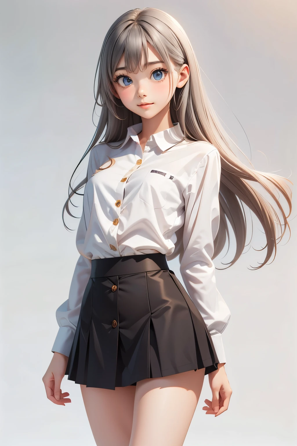 ((detailed face, cute face)), ((masterpiece, highest quality)), (One girl), (alone), (Focus on women), (Ahoge, Gray Hair, Very long hair), Golden Eyes, A light smile, Open your mouth, ((White shirt), (Buttoned shirt), (Button gap)), ((Black Skirt), (Short skirt)), Are standing, White Background, Put your arms behind your back, Dynamic Angle,