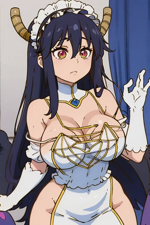 Tohru, ojos detallados, cuerpo completo, lindosexyrobutts, blusa negra apretada, top corto , ombligo descubierto, ropa pegada al cuerpo, Tanga , medias sexys, 【Costume】【Cosplay】White Dress of Albedo (Overlord), tanga blanca, escote grande