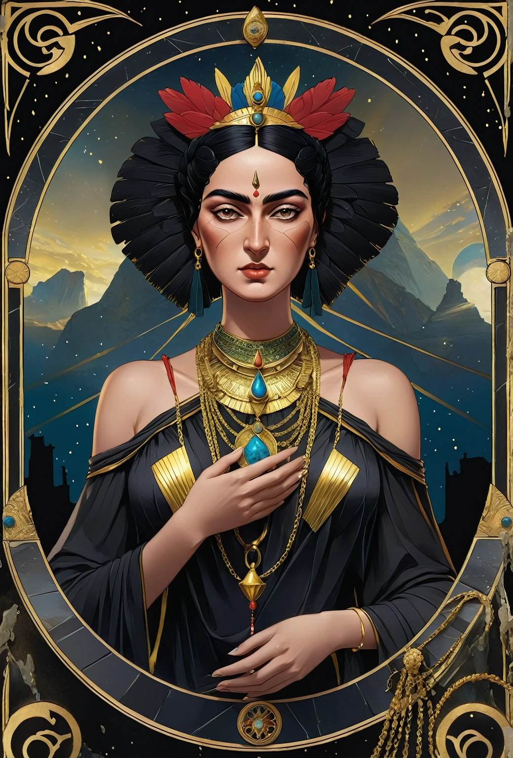 Tarot Card: score_9, score_8_up, score_7_up, score_6_up, score_5_up,  [ ACOCleopatra],[Black Hair],Cleopatra from Assassin's Creed Origins,[Jewelry],[ancient Egypt],4k,sharp image,detailed, sexy, extremely detailed artgerm,  (masterpiece, best quality:1.2),  (insanely detailed, beautiful detailed, masterpiece, best quality), (insanely detailed, masterpiece, best quality)  of tarot cards, a touch of Frida's signature artistic flair. (best quality, highres, vivid colors, photorealistic, artistic interpretation, detailed portrait), surreal tarot card, Frida Kahlo as a goddess in the tarot deck.