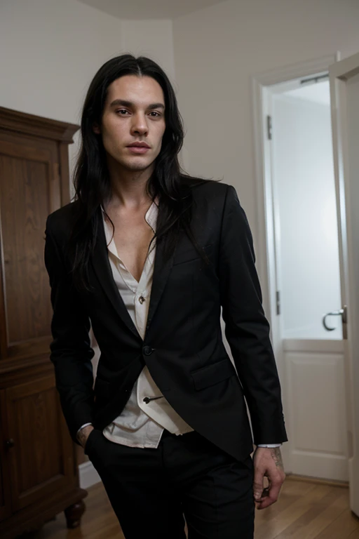 Handsome thin White man goth long black hair black suit