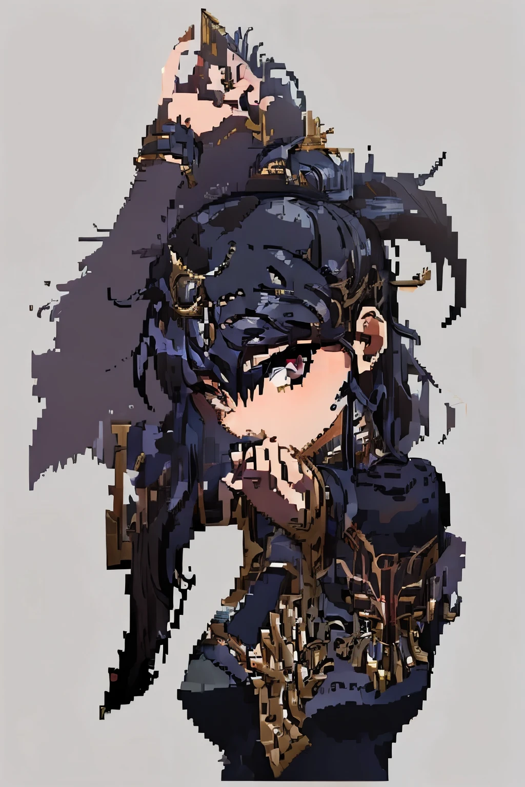 1 female, woman, 128x128 pixel art, female protagonist, manhwa, 30 years old woman, royal knight, knight in armor, short hair, straight hair, fantasy imperial knight, detailed armor, mature woman, adult knight, white background, woman, dark black hair, tall,black colored hair, bright purple eyes, purple pupils, warrior heavy armor, red and black knight armor, gold details on armor, pale skin, military medals, commander knight woman, serious expression, mature woman facial features, cool woman, full metal armor, dark sword with gold lines, empty eyes, emotionless, big sword, parry position