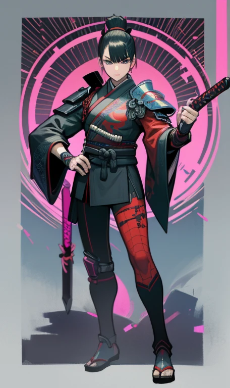 (high-res, vivid colors),araffe dressed in a black suit holding a sword and a sword, cyborg samurai, cyber japan samurai armor, cyberpunk samurai, very beautiful cyberpunk samurai, full samurai armor spiderman, bio - mechanical ninja samurai, portrait of a cyberpunk samurai, cyber japan style armor, cyber japan armor, celtic and cyberpunk armor, black bull samurai, intricate assasin mecha armor