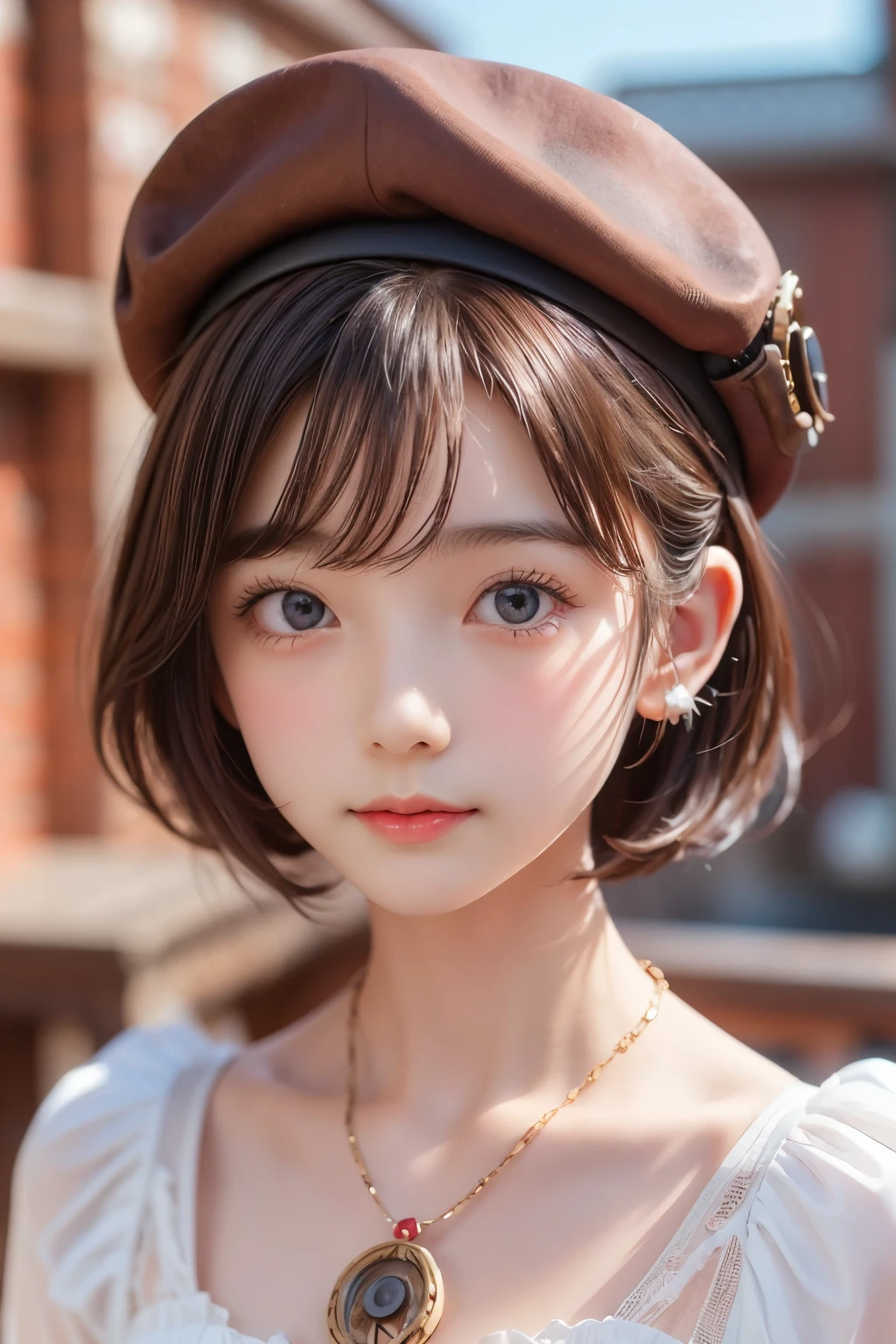 ((detailed face, cute face)), close, Straight blonde short curly hair girl little red hat, Necklace Watches, (Victorian era), ((steampunk)), Cinematography, worked, elegant, Scrupulous, grow, Maximum details, Extremely aesthetic, Exquisitely crafted, Lots of gear, Old town background