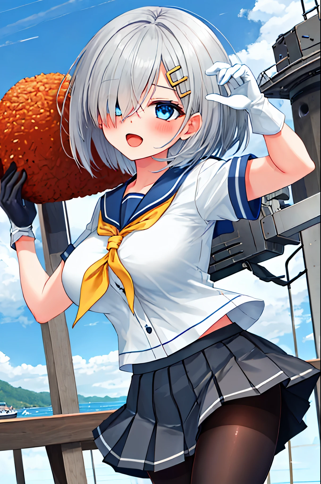 best quality, masterpiece, highres, solo, {hamakaze_kantaicollection:0.90}, 1girl, li,younger_telack_pantyhose, pleated_skirt, serafuku, short_sleeves, simple_background, white_background, yellow_neckerchief, white_gloves, looking_at_viewer, grey_skirt, blush, eyes_visible_through_hair, blue_sailor_collar, dynamic_posing,long_bangs,hair_over_one_eye,harbor_school_background,outdoor,large_breasts,onigiri,riceball,girl_eating_riceball,happy,open_mouth,grab_a_riceball