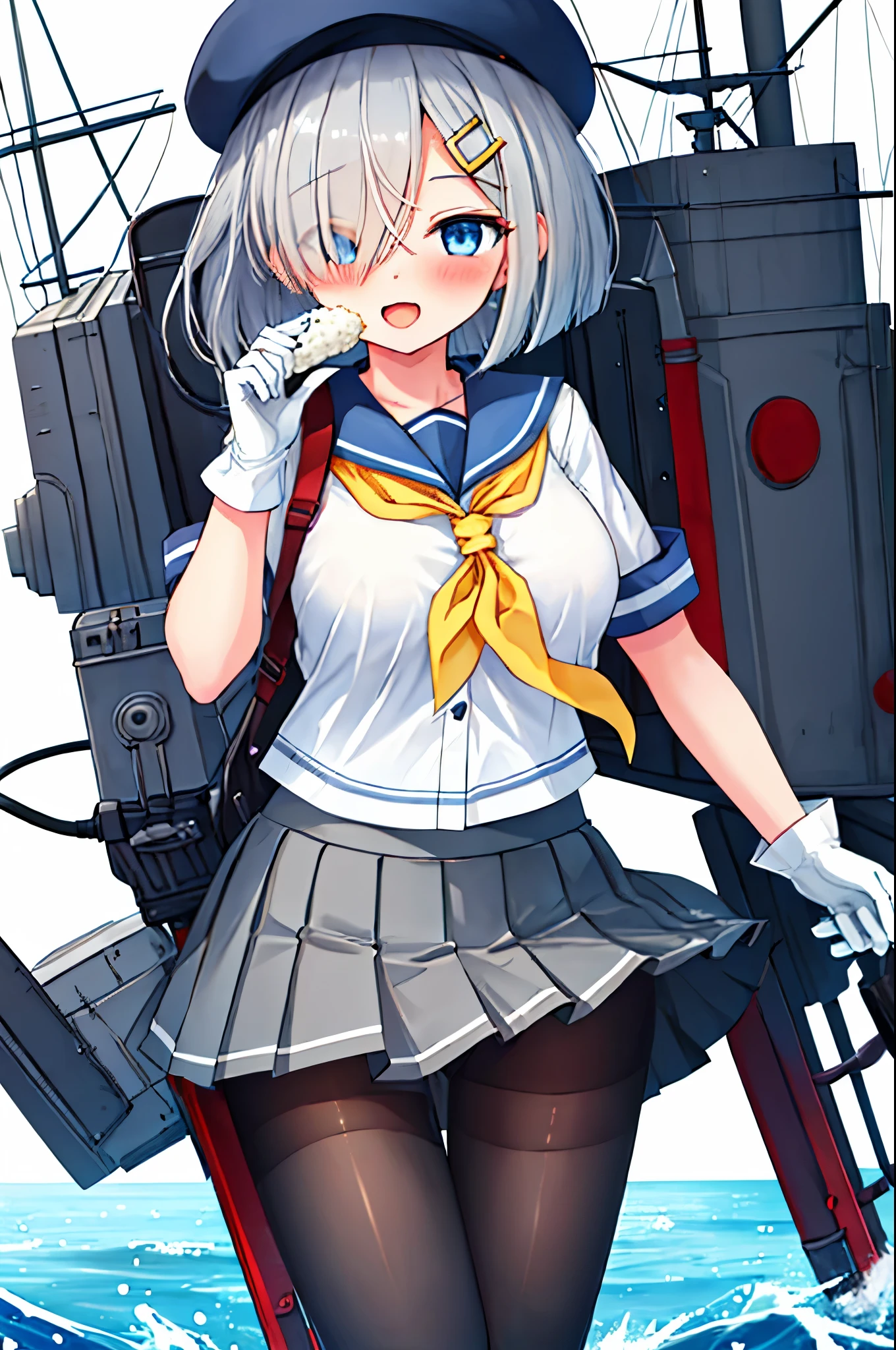 best quality, masterpiece, highres, solo, {hamakaze_kantaicollection:0.90}, 1girl, loli,younger_teen,black_pantyhose, pleated_skirt, serafuku, short_sleeves, simple_background, white_background, yellow_neckerchief, white_gloves, looking_at_viewer, grey_skirt, blush, eyes_visible_through_hair, blue_sailor_collar, dynamic_posing,long_bangs,hair_over_one_eye,harbor_school_background,outdoor,large_breasts,onigiri,riceball,girl_eating_riceball,happy,open_mouth,grab_a_riceball