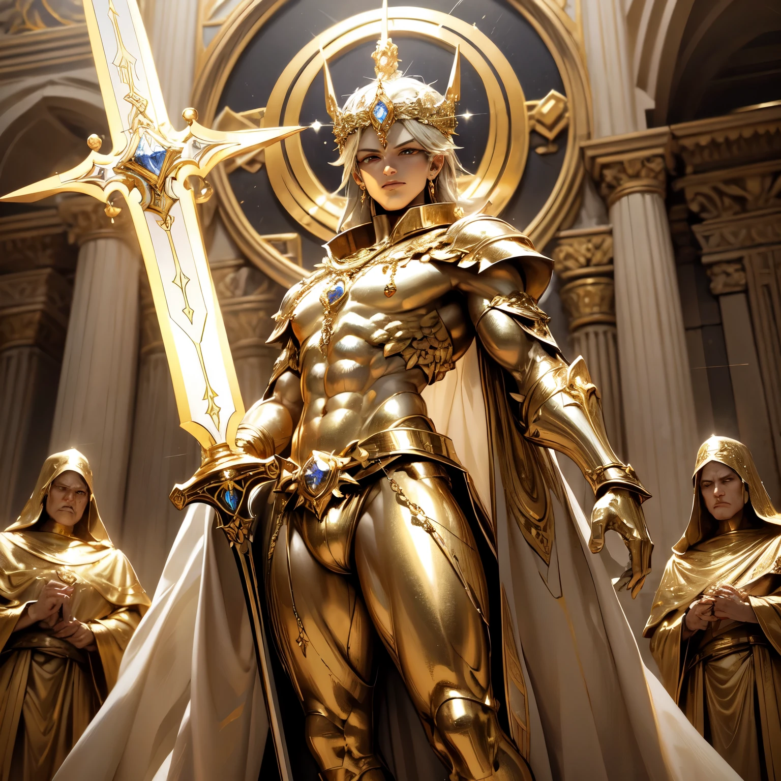 Create an 8K Ultra HD Digital Image of a Noble Giant Sacred Marble Golem, adornado com trajes reais de ouro e prata, na sala do conselho do castelo. O Golem tem olhos brilhantes que emitem uma luz dourada. He is adorned with magical jewels that glow softly, and wears a golden crown with precious stones set on his marble head. Gold bracelets adorn her sturdy arms, and a magical amulet is embedded in his chest. Na sala do conselho, o Golem empunha a Espada de Zeus. The sword is made of celestial gold and emits golden rays, with divine inscriptions along the blade that shine brightly. The hilt of the sword is adorned with small rays and lightning., simbolizando seu poder supremo. Ele segura a espada em uma pose de autoridade, ready to protect the board&#39;s decisions, while electric sparks dance around you. The Sword of Zeus is known for its ability to control thunder and lightning, e uma aura de poder divino emana dela. The council room is solemn and austere, com uma grande mesa de madeira no centro e cadeiras estofadas ao redor. Mapas, scrolls and navigational instruments are spread out on the table, ready for strategic discussions. The walls are adorned with flags and shields of the different kingdoms represented.. The image should capture the gravity and importance of the boardroom, highlighting the interaction of the Golem with the Sword of Zeus.