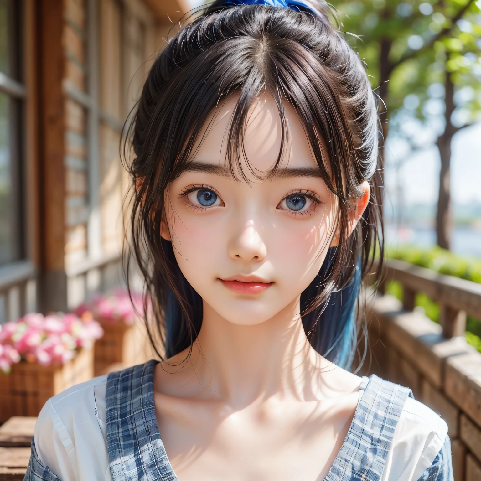 (masterpiece), (highest quality), (Super detailed),(Disheveled Hair),(figure), (One girl), Are standing, smile, Beautiful fine details, Bright Blue Eyes, Beautiful face in every detail, (kamisato ayaka: 1.2), Focus on the face,  ponytail, kamisato ayaka(Genshin Impact), Light blue hair, Detailed Hair, bangs, Best lighting, Best Shadow, Very detailed, Vibrant