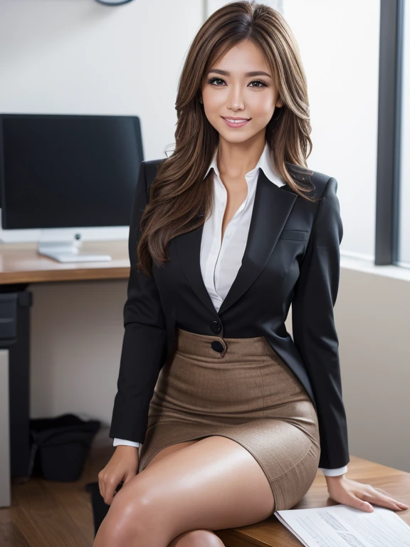 Tabletop, highest quality, Realistic, Very detailed, finely, High resolution, 8k wallpaper, 1. Beautiful woman,, Light brown messy hair, Wearing a business suit, Sharp focus, Perfect dynamic composition, finelyて美しい目, Thin Hair, Detailed and Realistic skin texture, smile, Model Body Type、Beautiful feet、office