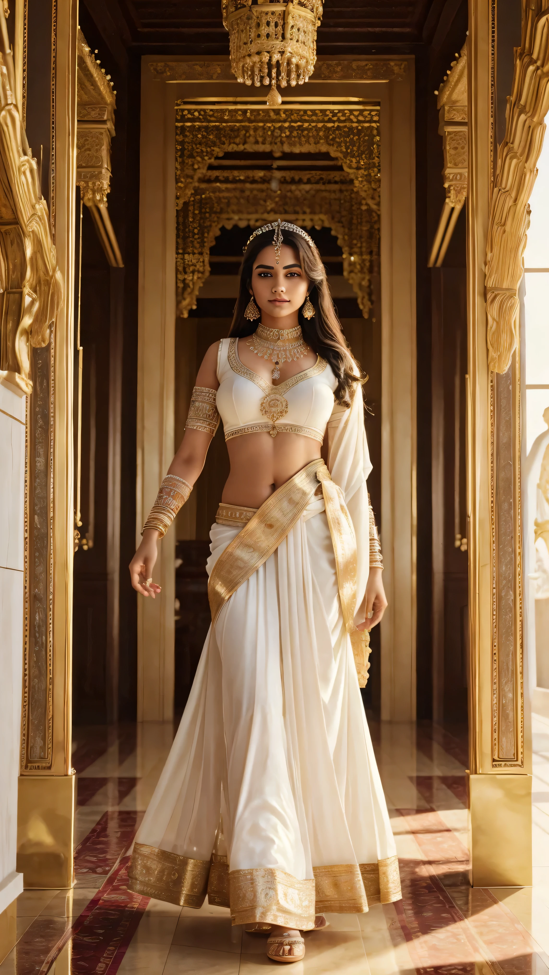 ((best quality)), ((masterpiece)), (detailed), perfect face, full detailed body, beautifully white goddess, wearing full indian attire, perfect face and body, perfect eyes, attractive figure, detailed attire, realistic skin, behind him beautifully royal room