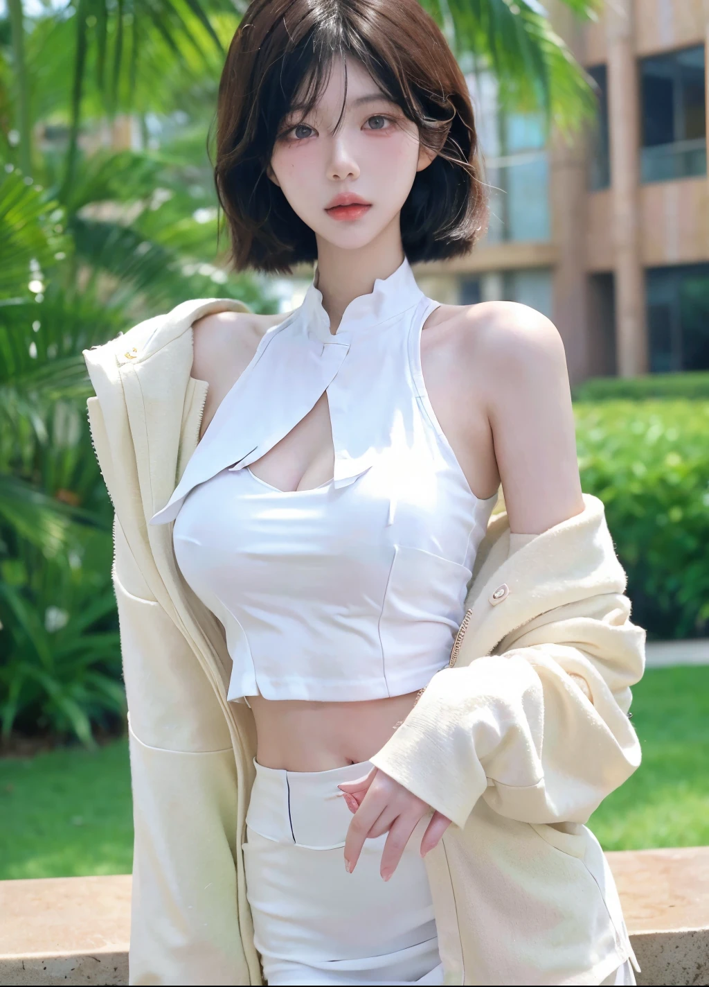 Beautiful woman with perfect figure:1.4,snow,snow背景,Layered Hairstyle,White skin,Prominent cleavage,Pleated Skirt,whole body,Very delicate face and skin texture,Double eyelids,Skin Whitening,Long white hair