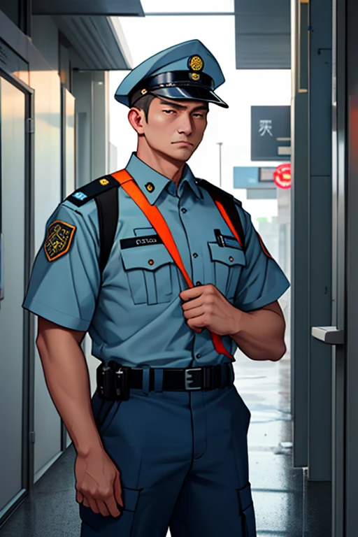 property watchman, serious and observant man, on duty. The security guard uniform is a set of specific clothing and accessories that security guards must wear during the exercise of their professional activities. It is regulated and mandatory in-service use, as established in Ordina.