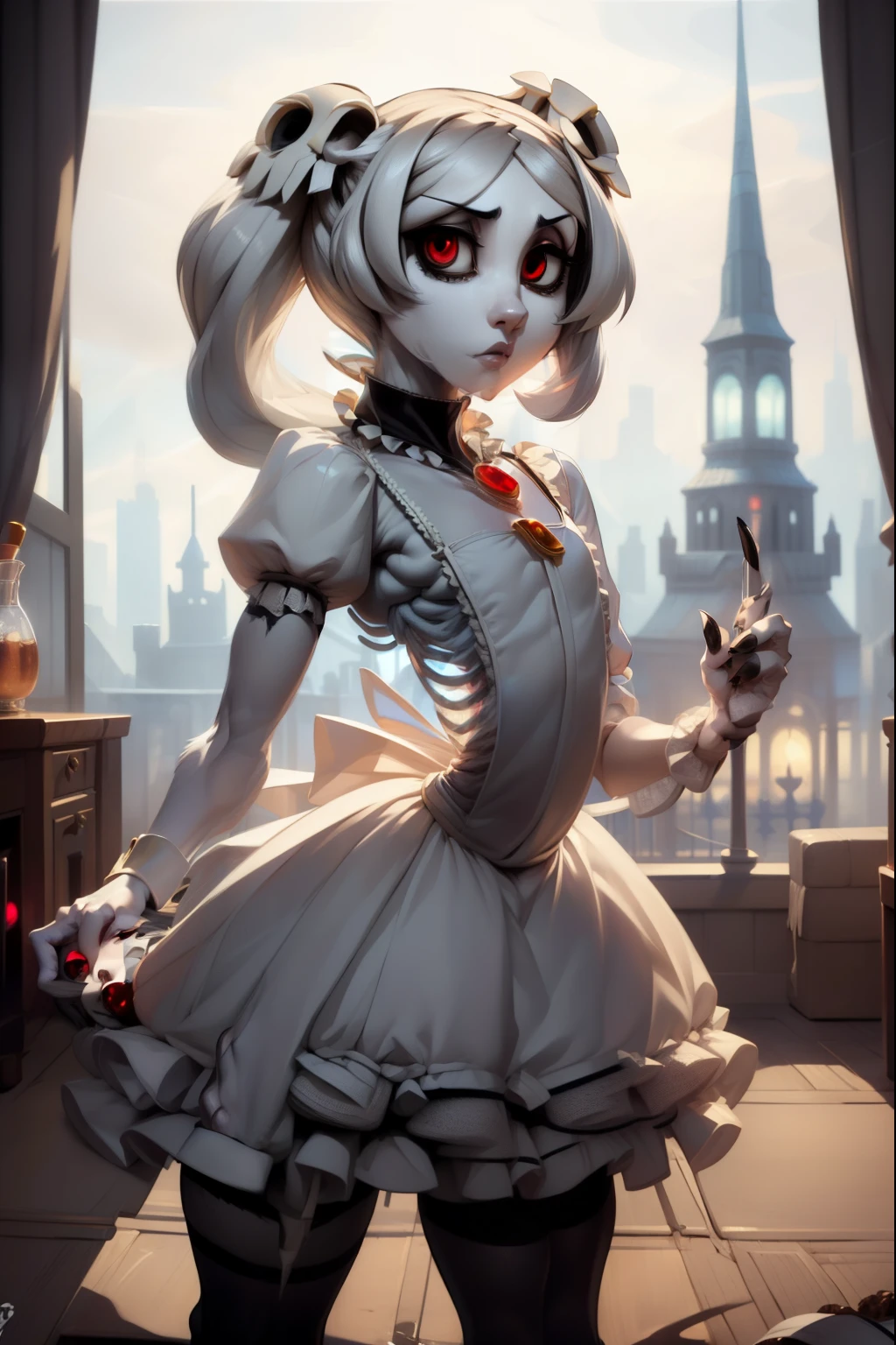 (masterpiece, best quality), marie from skullgirls, skullgirls, red pupils, blue flame on background, digital art, anime style, girl, white hair, maid outfit, serious expression, necklace with red gem , white long socks, fullbody, looking at viwer, beautiful girl, 2D anime drawing, chest, focus on chest, black heels, skeletons on background,