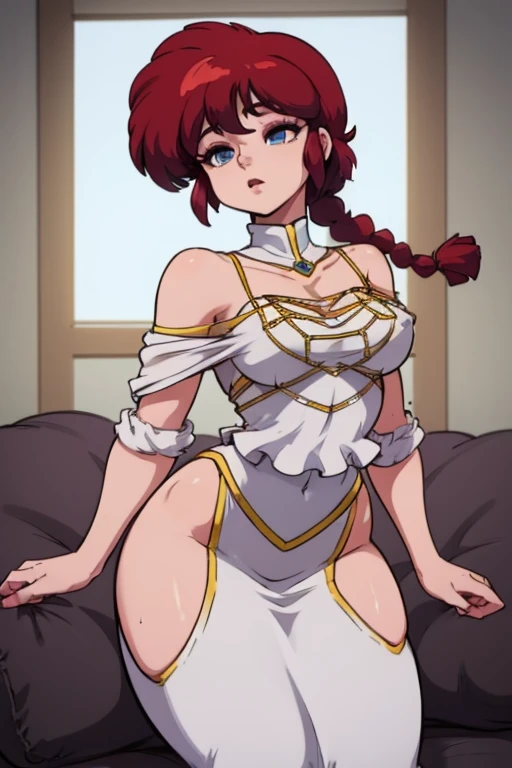 RanmaChan, cabello rojo, Cabello con trenza, ojos azules, ojos detallados, cuerpo completo, lindosexyrobutts, blusa negra apretada, top corto negro, ombligo descubierto, ropa pegada al cuerpo, Tanga sexy, medias sexys, 【Costume】【Cosplay】White Dress of Albedo (Overlord), tanga blanca, escote grande, abriendo las piernas