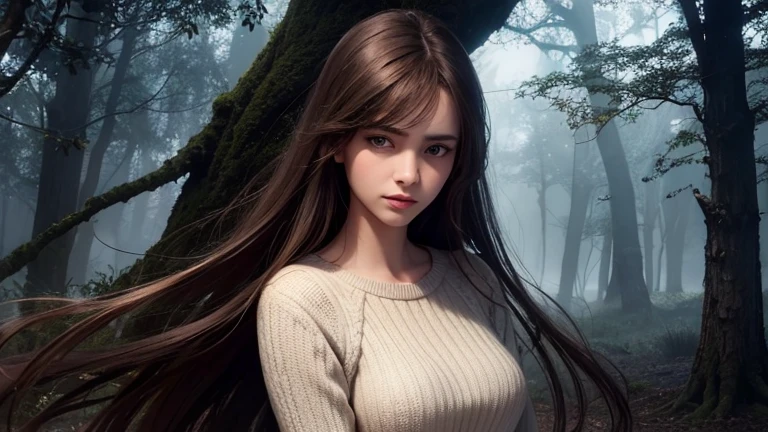 Of the highest quality,8k, super hermosa:1.2, linda chica occidental:1.8、impecable, beige sweater 、pantalones negros. Belleza delicada y asustada . Cuerpo hermoso y proporcionado , angelical , vulnerable pero con miedo, beautiful long brown hair dark figure of the girl at night in a spooky and dark forest. Arte perfecto 、bosque en la oscuridad de la noche、 atmosphere, la neblina se fusiona con la naturaleza. En lo profundo de un bosque mistico y tenebroso. fotografia surrialista profesional、artistic. Lleno de arboles 、mujer con miedo , aterrada. Reloj suspendido en el aire marcando las doces.