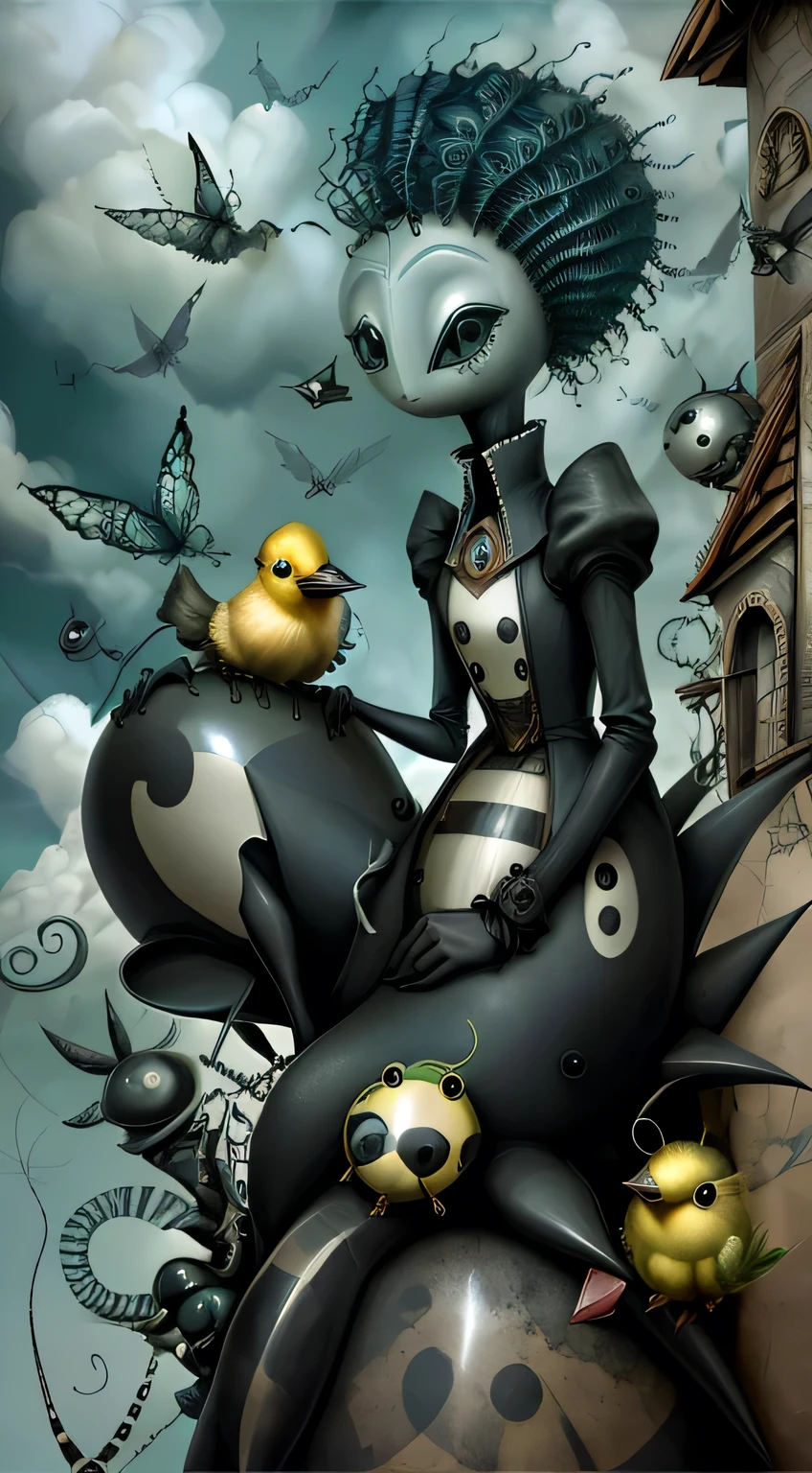 A nightmare dream, with fantastic animals, insectos, escarabajos y patos, con el estilo de Tim Burton y el surrealismo.