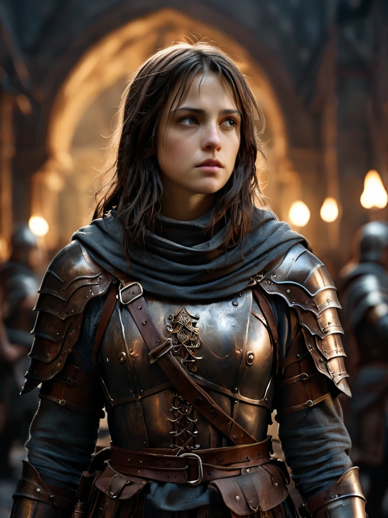 Joan of arc with dark brown hair in armor leading soldiers into battle, background dark, hyper realistic, ultra detailed hyper realistic, photorealistic, Studio Lighting, reflections, dynamic pose, Cinematic, Color Grading, Photography, Shot on 50mm lens, Ultra-Wide Angle, Depth of Field, hyper-detailed, beautifully color, 8k, Detailed background, dark light, twilight lighting, Volumetric lighting, intricate details, ultra high definition,