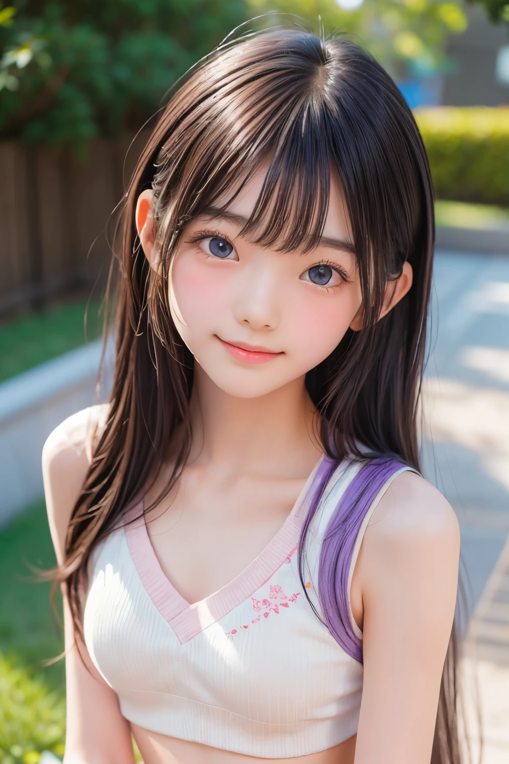 ((detailed face, cute face)), masterpiece, highest quality, One girl, alone, , Quarter Japanese, Blonde Hair, Long Hair, Purple eyes, Side-parted bangs, Short bangs, smile, Medium chest, Play sports often, Bloomers, Outdoor, Athletics, Conceit