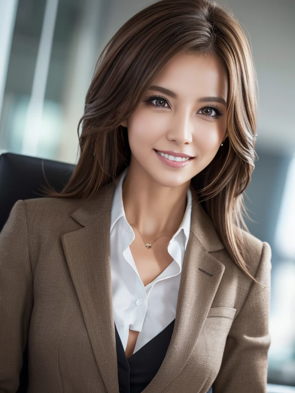 Tabletop, highest quality, Realistic, Very detailed, finely, High resolution, 8k wallpaper, 1. Beautiful woman,, Light brown messy hair, Wearing a business suit, Sharp focus, Perfect dynamic composition, finelyて美しい目, Thin Hair, Detailed and Realistic skin texture, smile, Model Body Type、Beautiful feet、office