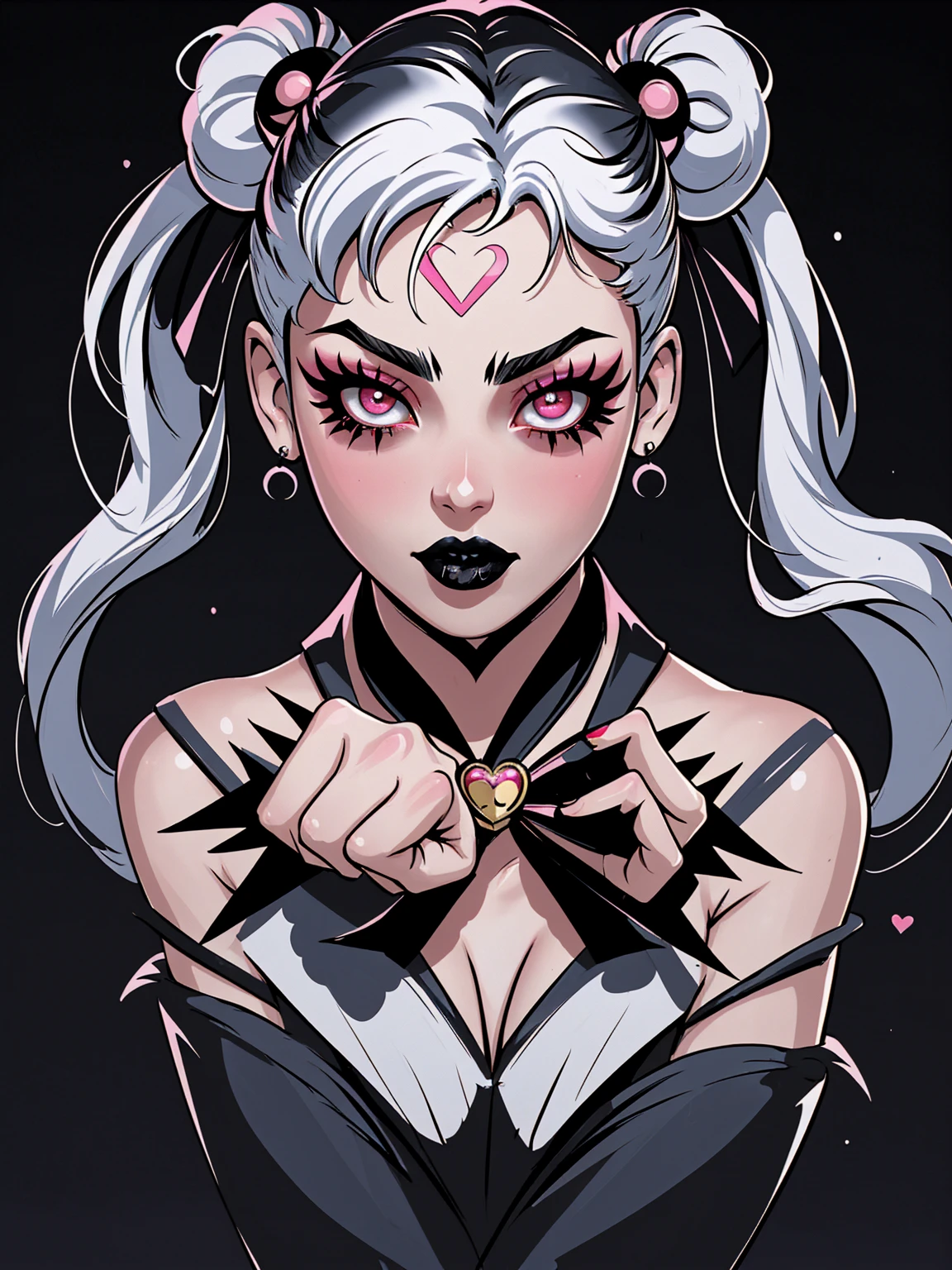masterpiece, best quality, 1girl, gothic, black lips, solo, black hair, makeup, twin tails, hair buns, (sailor moon), half-cycle, correct hands, proportional fingers, detailed hands, detailed face, detailed body, multicolored white hair, bangs, eyeshadow, tattoos, hair bow, bow, lipstick, two-tone hair, black background, ultra-detailed, professional, bokeh, hentai, illustration, vivid colors, portraits, sharp focus, horrified color palette, dramatic lighting