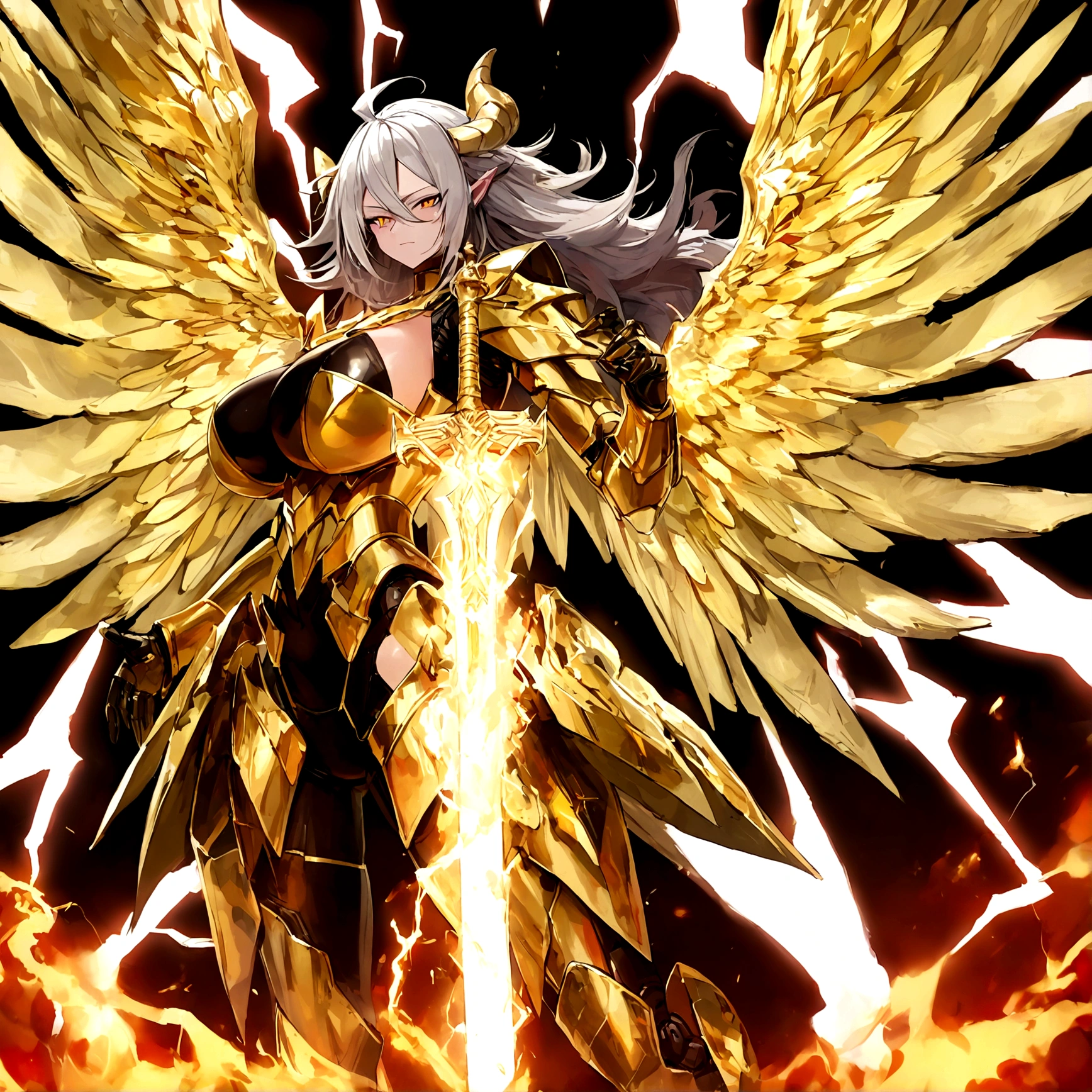 ((Lightning Power)), ((Electricity)), ((Fire Background)), ((Lightning Storm)), ((Power Erupting)),((((android 21 Evil)))), (((white Coat))), (((Busty))), (((((Big breast:1,3)))), luxury bustier corset, (((silver hair))), (((Very slim waist))), propotional body, ((Gorgeous)), (((gold wings))), masterpiece, hyperdetail, ambient effect, digital effect, (((FIRE SWORD)), (((Lightning Sword))), (((Fire Gold Armor))), (((Lightning Gold Wings))), (((Fire Demon Horns)))