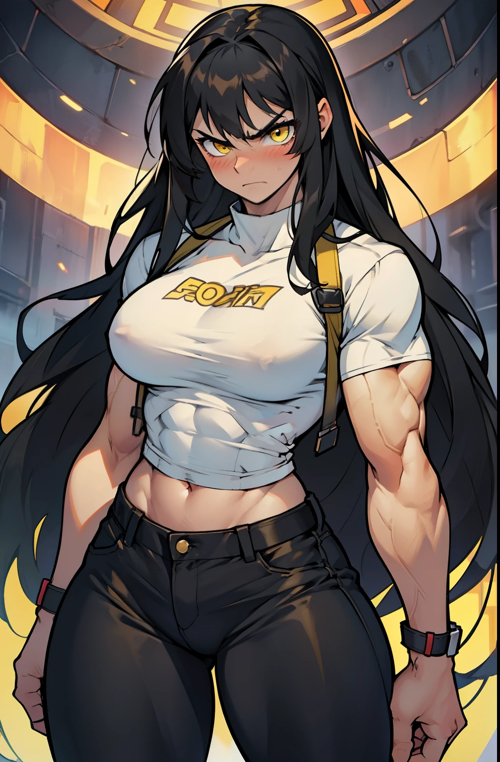 1girl, extremely long hair, solo, ((muscular)), veins, black hair, yellow eyes, blushing, thick thighs, pale skin, strong, veins, abs, big thighs, huge breasts, navel, standing, angry, tight pants, tight shirt