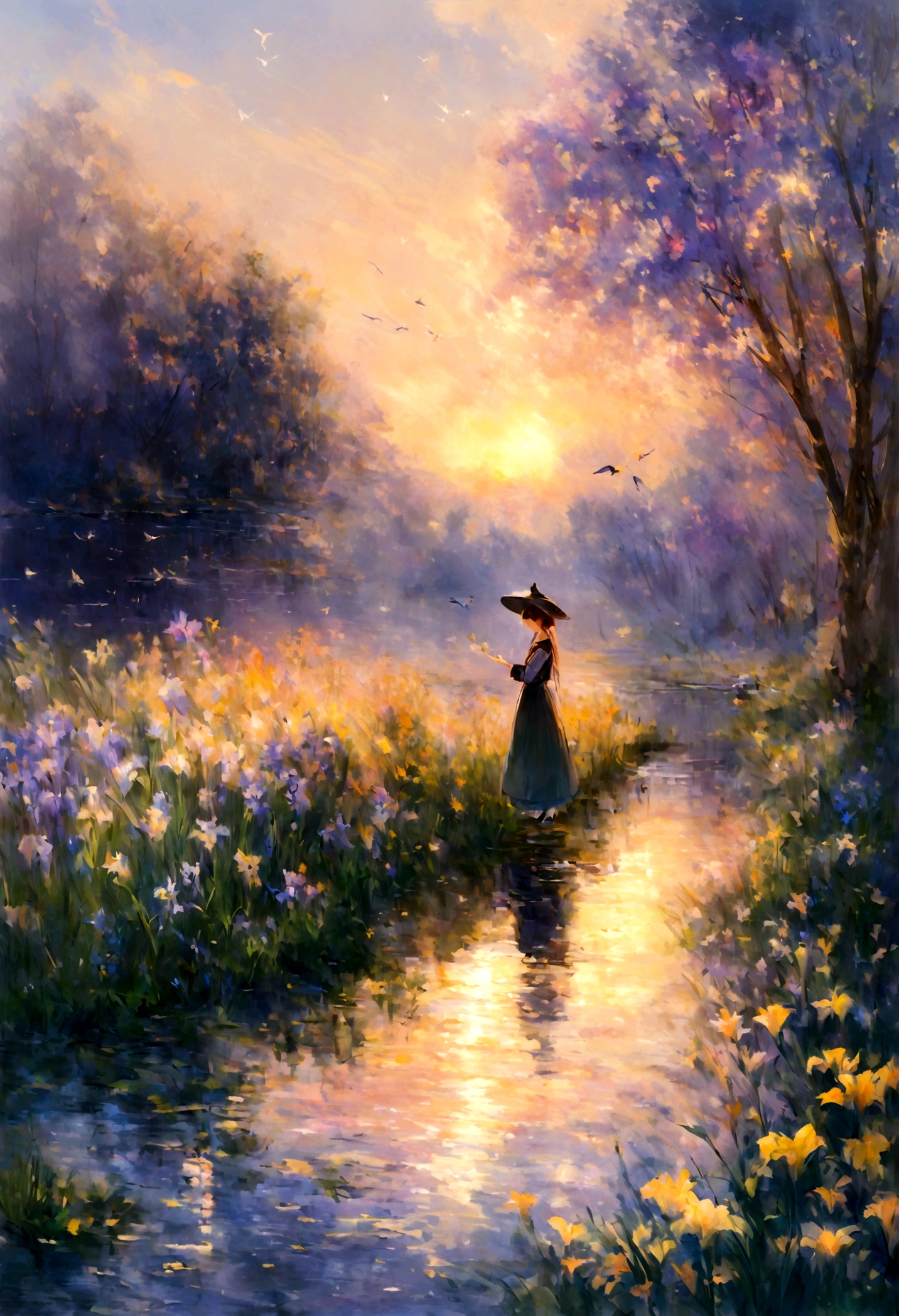 flowers and birds, dibujando, color acuarela.Zao Wou-ki, Monet, oil on canvas, Monet's early spring painting by the river, a cluster of Iris tectorum Maxim in full bloom, a beam of sunlight, sunset, lakeside, Iris tectorum Maxim reflection, dappled light and shadow