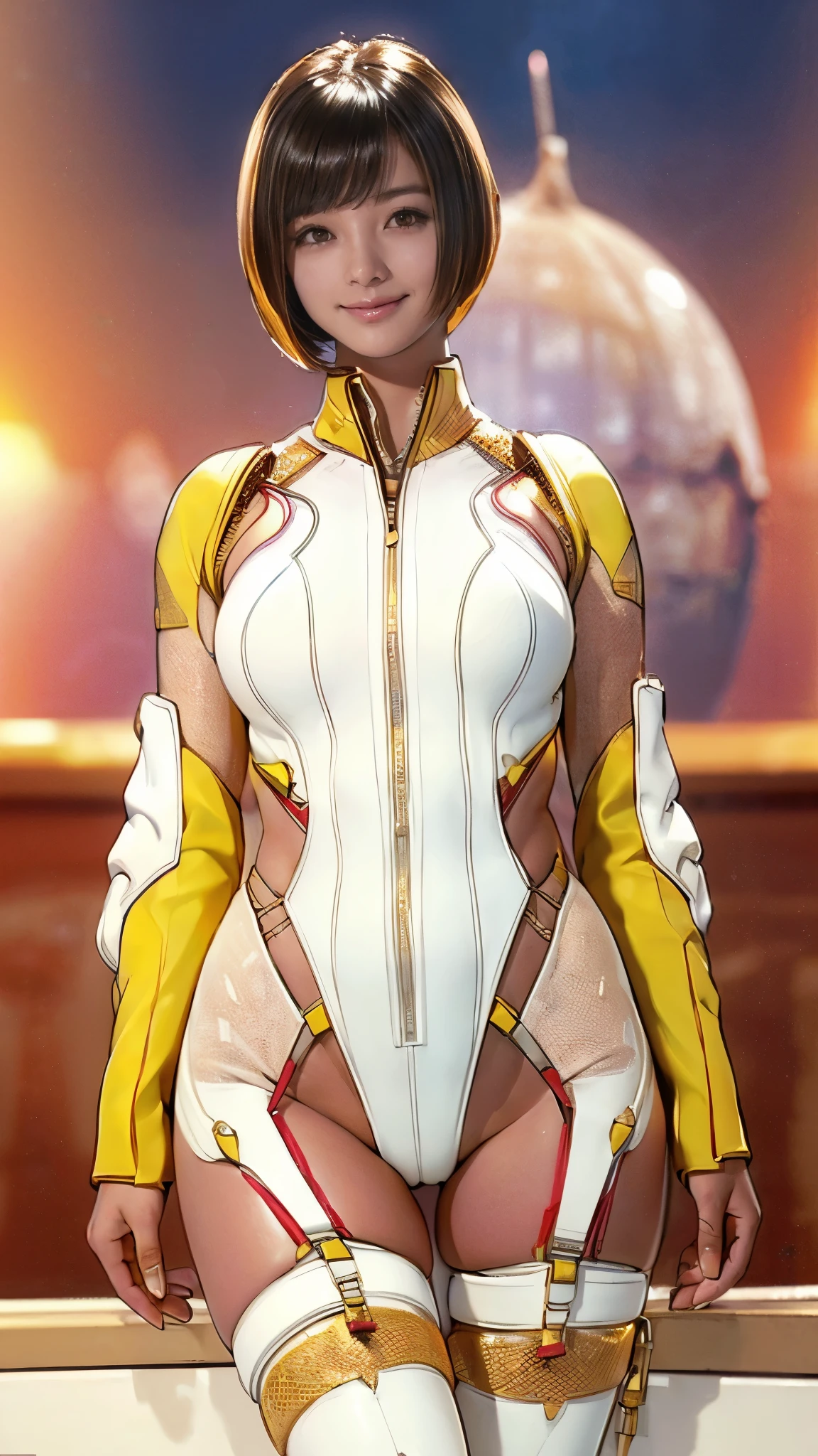 (RAW photo, highest quality, realistic, Photoreal:1.3), 1 girl, bob cut, earrings, smile, realisticbody, space white costume, cyberpunk, Ancient ritual, the mars atmosphere from space, (((camel toe))), ((23 year old Japanese girl)),