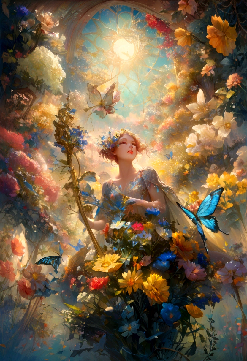 The background is greenblue,moon light,All expressed with jewels, the arrival of spring, various beautiful flower
, Beautiful Rainbow-colored feathers swallowtail butterfly,angles looking up from below, various jewels falling from the sky, wonderful and beautiful superb view, slightly hazy, fantastic, high resolution, 8K, (best quality, highres, realistic:1.37), shiny metallic flowers, intricate and delicate petals, reflective surfaces, vibrant colors, intricate details, close-up view, surreal garden, surreal beauty, dreamy atmosphere, fine art, abstract botanicals, metallic sculpture, contrasting textures, ethereal glow