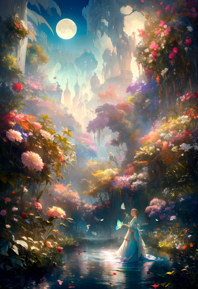 The background is greenblue,moon light,All expressed with jewels, the arrival of spring, various beautiful flower
, Beautiful Rainbow-colored feathers swallowtail butterfly,angles looking up from below, various jewels falling from the sky, wonderful and beautiful superb view, slightly hazy, fantastic, high resolution, 8K, (best quality, highres, realistic:1.37), shiny metallic flowers, intricate and delicate petals, reflective surfaces, vibrant colors, intricate details, close-up view, surreal garden, surreal beauty, dreamy atmosphere, fine art, abstract botanicals, metallic sculpture, contrasting textures, ethereal glow