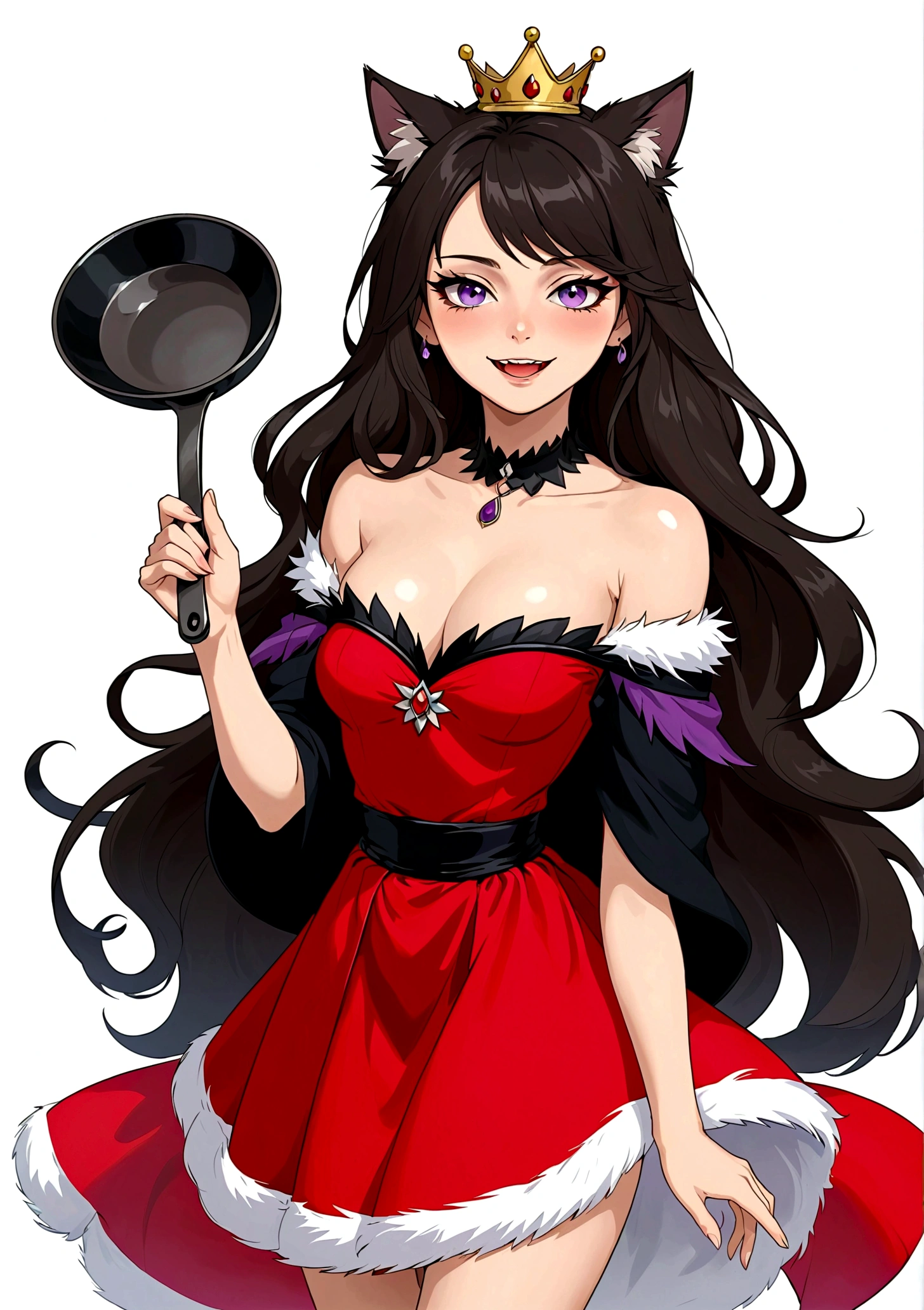 Anime girl holding a frying pan,laughing out loud,Fangs,Black eyes,A mole under the eye,Purple eyeshadow purple eyelids,Black long hair,Cat ears,Small Crown,Red off-shoulder dress,Fur collar shawl,wave,Slender neck