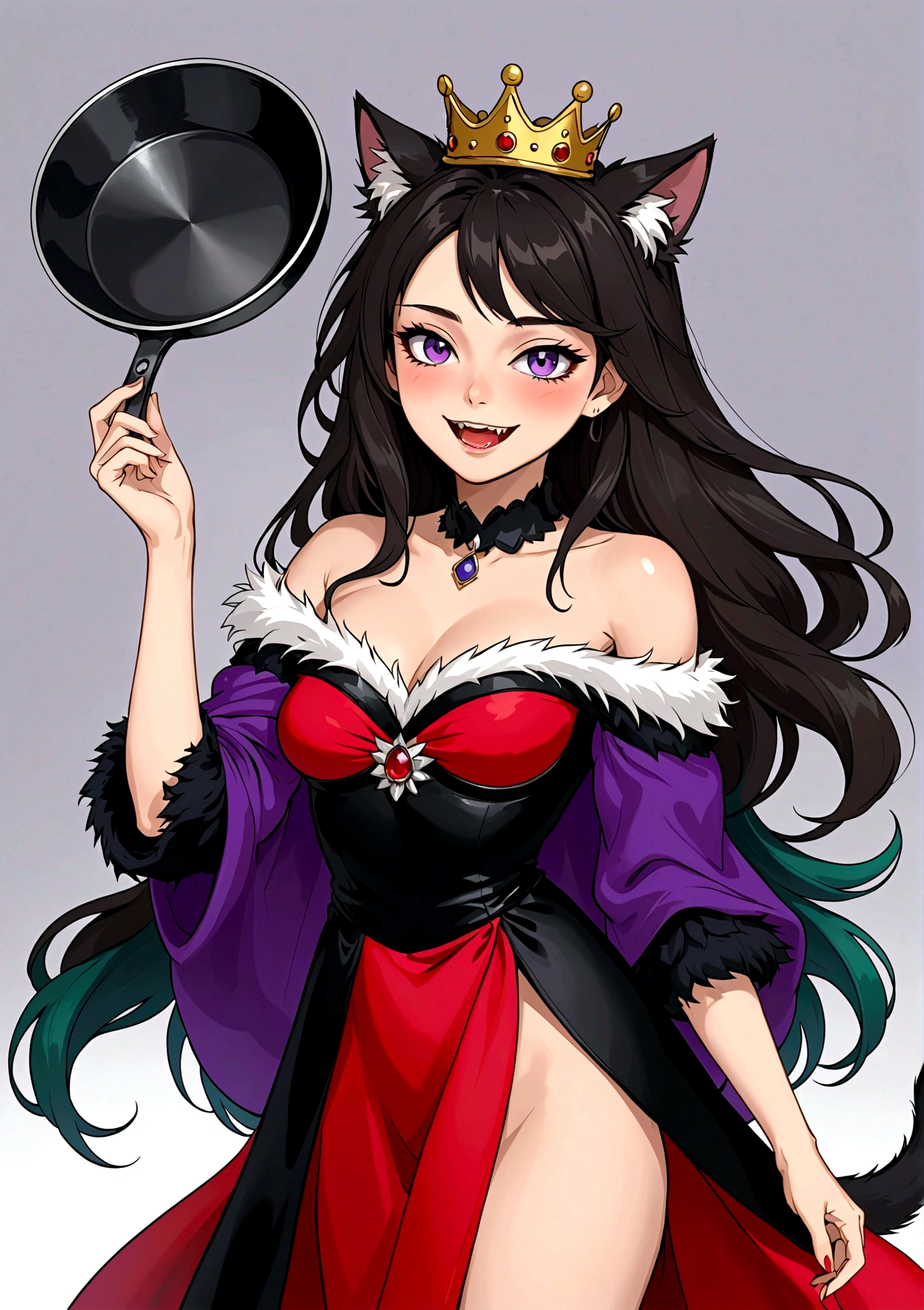 Anime girl holding a frying pan,laughing out loud,Fangs,Black eyes,A mole under the eye,Purple eyeshadow purple eyelids,Black long hair,Cat ears,Small Crown,Red off-shoulder dress,Fur collar shawl,wave,Slender neck