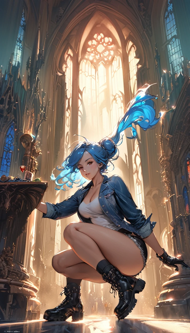 8k_wallpaper, extremely detailed eyes, extremely detailed body, (large masterpiece digital art), (detailed manga illustration), (detailed line art), ((perfect anatomy)), (intricate details:1.3), (ultra-detailed:1.3), (illustration:1.3), (sharp focus:1.3), (natural lighting:1.05), (vivid colors:1.3), (masterpiece), best quality, expressive eyes, perfect face, 1 girl, breasts, cleavage, gloves, large breasts, casual clothes, white shirt, tee shirt, denim jacket, jacket, {blue hair}, medium hair, wavy hair, (gray eyes), hourglass physique, alluring outfit, black denim shorts, shorts, dynamic pose, Huge ass, dynamic lighting, beautiful esd_woman, curvy, fur trim, hair bun,