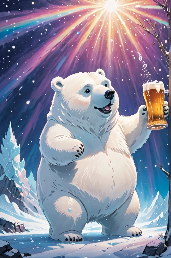 Cosmic Canvas,perfection, clean, masterpiece, Professional artwork, Famous works of art, A picture of a cute fat polar bear character, (Cool background),  I have a beer mug