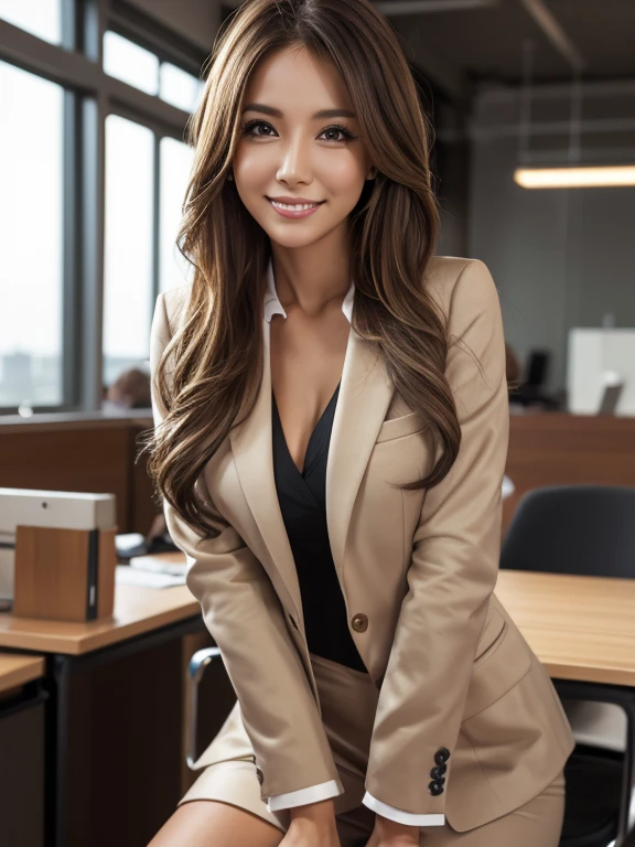 Tabletop, highest quality, Realistic, Very detailed, finely, High resolution, 8k wallpaper, 1. Beautiful woman,, Light brown messy hair, Wearing a business suit, Sharp focus, Perfect dynamic composition, finelyて美しい目, Thin Hair, Detailed and Realistic skin texture, smile, Model Body Type、Beautiful feet、office