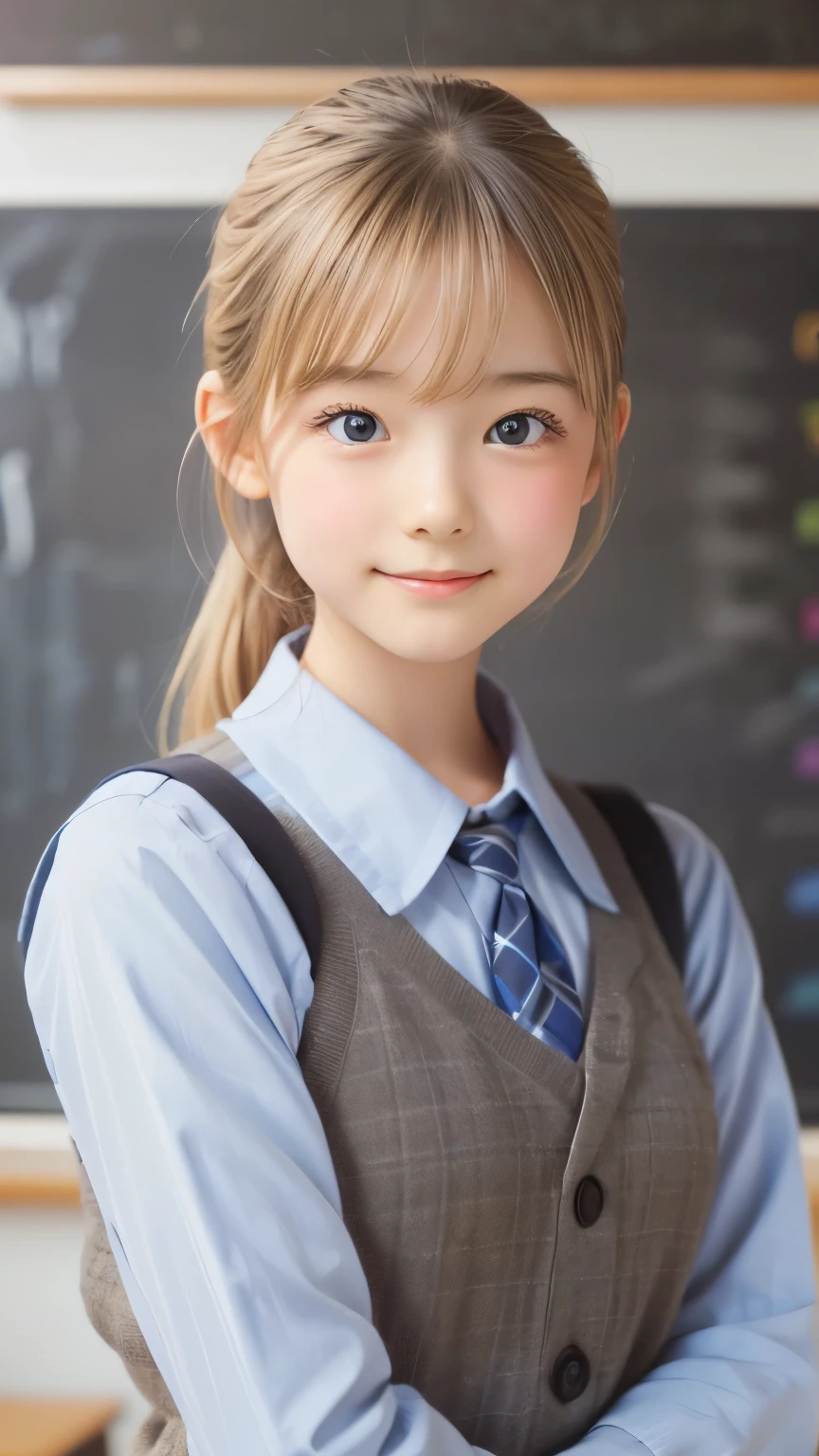 ((detailed face, cute face)), A young blonde teacher is standing in front of a blackboard