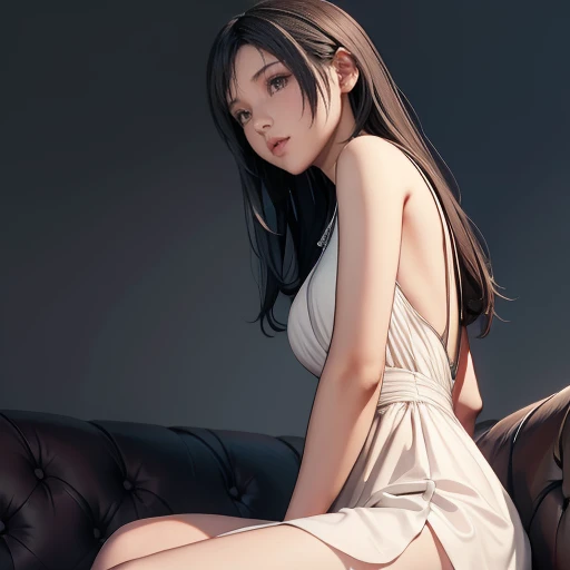 One girl,Tifa Lockhart,Beautifully detailed eyes、Cowboy shot,white one piece dress ,Simple Background、Gray background、Cinematic lighting、sitting a couch,from below,(blush:1.3), ((Gazing at Something Off-Frame)),