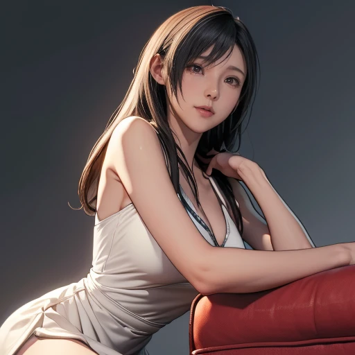 One girl,Tifa Lockhart,Beautifully detailed eyes、Cowboy shot,white one piece dress ,Simple Background、Gray background、Cinematic lighting、sitting a couch,from below,(blush:1.3), ((Gazing at Something Off-Frame)),