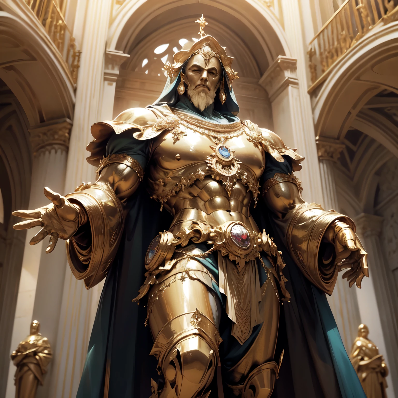 Create an 8K Ultra HD Digital Image of a Noble Giant Sacred Marble Golem, adornado com trajes reais de ouro e prata, in the castle&#39;s music room. O Golem tem olhos brilhantes que emitem uma luz dourada. He is adorned with magical jewels that glow softly, and wears a golden crown with precious stones set on his marble head. Gold bracelets adorn her sturdy arms, and a magical amulet is embedded in his chest. In the music room, o Golem empunha a Espada de Zeus. The sword is made of celestial gold and emits golden rays, with divine inscriptions along the blade that shine brightly. The hilt of the sword is adorned with small rays and lightning., simbolizando seu poder supremo. Ele segura a espada em uma pose de serenidade, pronto para proteger a arte e a cultura, while electric sparks dance around you. The Sword of Zeus is known for its ability to control thunder and lightning, e uma aura de poder divino emana dela. The music room is elegant, com instrumentos musicais finamente trabalhados, como harpas, violinos e pianos. Wood-paneled walls and music stands create an atmosphere of musical sophistication. Janelas altas permitem a entrada de luz natural, iluminando os detalhes refinados da sala. The image should capture the beauty and harmony of the music room, highlighting the interaction of the Golem with the Sword of Zeus.