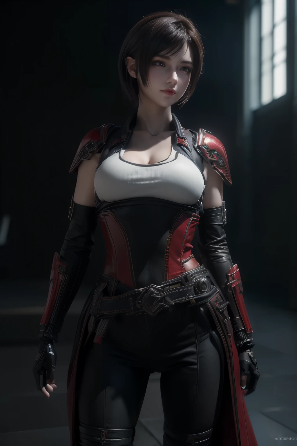 Rebecca chambers in black detailed military armor in a dark and bloody city