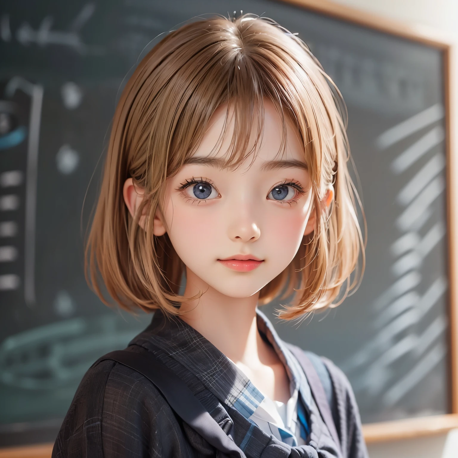 ((detailed face, cute face)), A young blonde teacher is standing in front of a blackboard