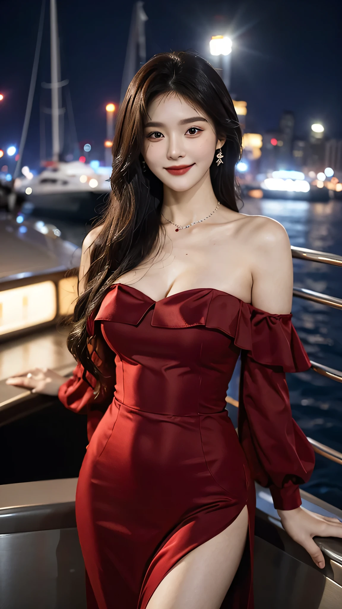 A sweet girl by the yatch,voluminous hair,Delicate face,Photorealsitic,of a real,largeaperture,wears a dark red dress,A cropped dress,Off-the-shoulder,A dress around the neck,Slim,smiles,Ultra-high resolution, Blurred background