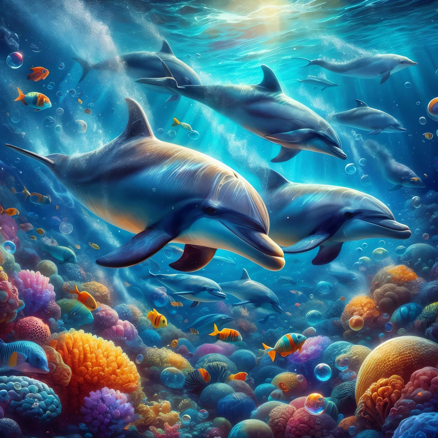 Beautiful dolphin representational art, photorealistic dolphin swimming under the sea, art, Hawaii sea coast, bubble trails, small dolphin family pods playing, colorful abundant fish, some dolphins are swimming in semi-circles, some dolphins are swimming in meandering paths, 8k resolution,
